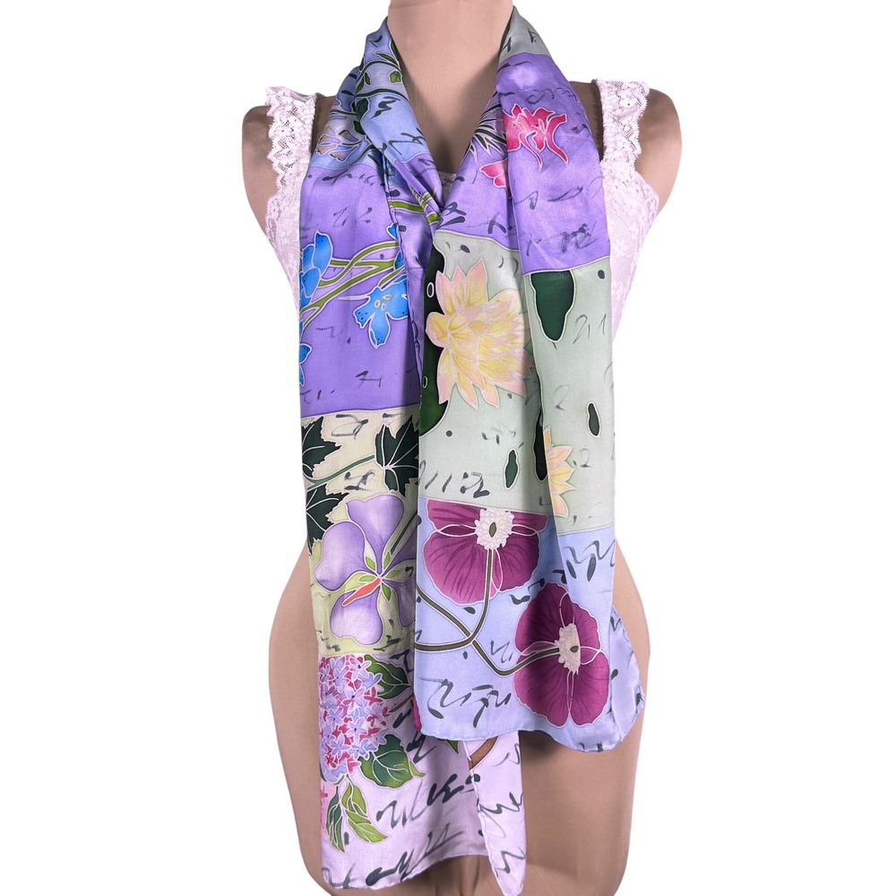 Vtg REDfish 100% Silk Scarf Floral Patchwork Art to Wear Botanical 57" Boho Y2K